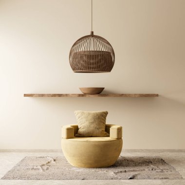 Boho tarzı dekore edilmiş livinig odası. Modern, otantik oturma odası tasarımı. 3B illüstrasyon