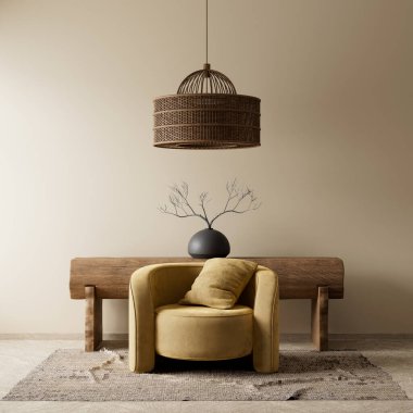 Boho tarzı dekore edilmiş livinig odası. Modern, otantik oturma odası tasarımı. 3B illüstrasyon