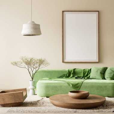 Poster çerçevesini boho stili dekore edilmiş livinig odasıyla süsleyin. Ahşap mobilyaları olan modern, otantik bir oturma odası tasarımı. 3B illüstrasyon