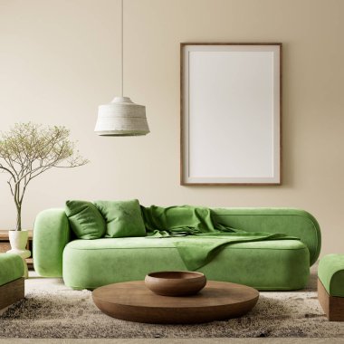 Poster çerçevesini boho stili dekore edilmiş livinig odasıyla süsleyin. Ahşap mobilyaları olan modern, otantik bir oturma odası tasarımı. 3B illüstrasyon