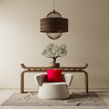 Boho tarzı dekore edilmiş livinig odası. Modern, otantik oturma odası tasarımı. 3B illüstrasyon