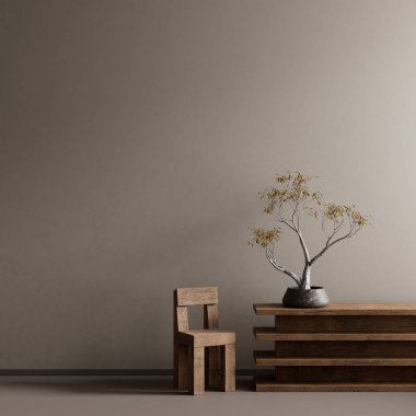 Ahşap mobilyalar ve hammaddeler ile Japon tarzı iç dizayn. Ahşap sandalye ve masa ile Japon tarzı iç mekan. 3B illüstrasyon