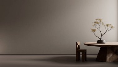 Ahşap mobilyalar ve hammaddeler ile Japon tarzı iç dizayn. Ahşap sandalye ve masa ile Japon tarzı iç mekan. 3B illüstrasyon