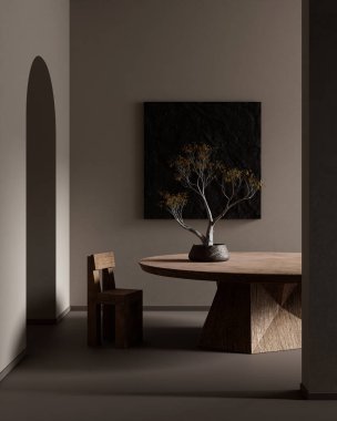 Ahşap mobilyalar ve hammaddeler ile Japon tarzı iç dizayn. Ahşap sandalye ve masa ile Japon tarzı iç mekan. 3B illüstrasyon