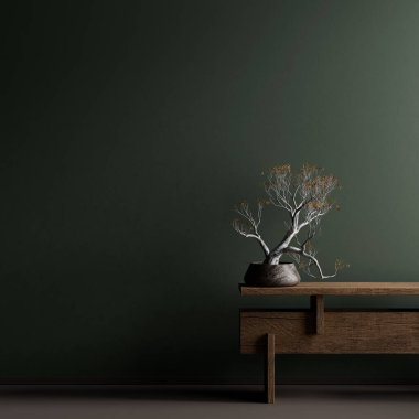 Ahşap mobilyalar ve hammaddeler ile Japon tarzı iç dizayn. Japandi tarzı iç mekan. 3B illüstrasyon