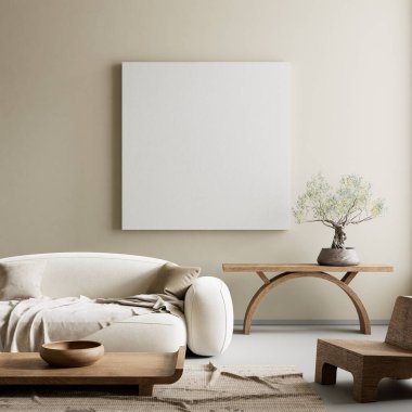 Ahşap mobilyalar ve hammaddeler ile Japon tarzı iç dizayn. Japandi tarzında bir poster çerçevesi. 3B illüstrasyon