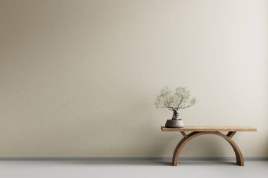 Ahşap mobilyalar ve hammaddeler ile Japon tarzı iç dizayn. Japandi tarzı iç mekan. 3B illüstrasyon