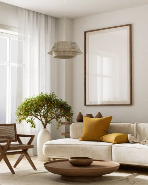 Poster çerçevesini boho stili dekore edilmiş livinig odasıyla süsleyin. Ahşap mobilyaları olan modern, otantik bir oturma odası tasarımı. 3B illüstrasyon