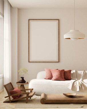 Ahşap mobilyalar ve hammaddeler ile Japon tarzı iç dizayn. Japandi tarzında bir poster çerçevesi. 3B illüstrasyon