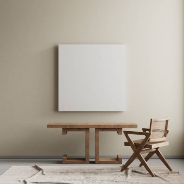 Ahşap mobilyalar ve hammaddeler ile Japon tarzı iç dizayn. Japandi tarzında bir poster çerçevesi. 3B illüstrasyon