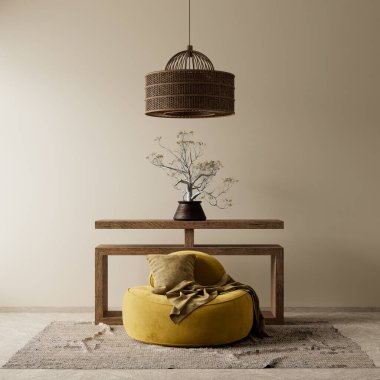 Ahşap mobilyalar ve hammaddeler ile Japon tarzı iç dizayn. Japandi tarzı iç mekan. 3B illüstrasyon