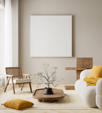 Ahşap mobilyalar ve hammaddeler ile Japon tarzı iç dizayn. Japandi tarzında bir poster çerçevesi. 3B illüstrasyon