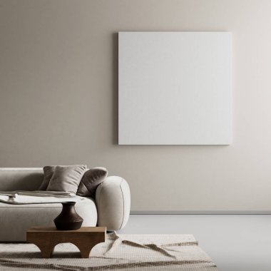 Ahşap mobilyalar ve hammaddeler ile Japon tarzı iç dizayn. Japandi tarzında bir poster çerçevesi. 3B illüstrasyon