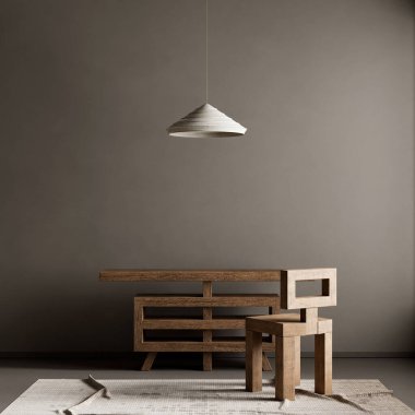 Ahşap mobilyalar ve hammaddeler ile Japon tarzı iç dizayn. Japandi tarzı iç mekan. 3B illüstrasyon