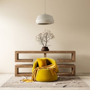 Ahşap mobilyalar ve hammaddeler ile Japon tarzı iç dizayn. Japandi tarzı iç mekan. 3B illüstrasyon