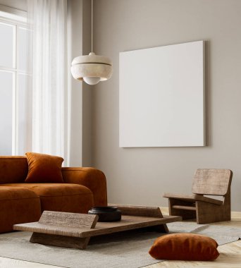 Ahşap mobilyalar ve hammaddeler ile Japon tarzı iç dizayn. Japandi tarzında bir poster çerçevesi. 3B illüstrasyon