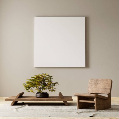 Ahşap mobilyalar ve hammaddeler ile Japon tarzı iç dizayn. Japandi tarzında bir poster çerçevesi. 3B illüstrasyon