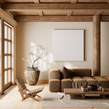 Ahşap mobilyalar ve hammaddeler ile Japon tarzı iç dizayn. Japandi tarzında bir poster çerçevesi. 3B illüstrasyon
