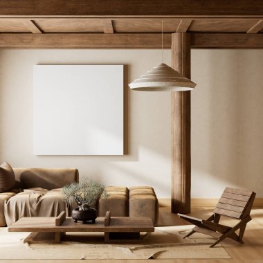 Ahşap mobilyalar ve hammaddeler ile Japon tarzı iç dizayn. Japandi tarzında bir poster çerçevesi. 3B illüstrasyon