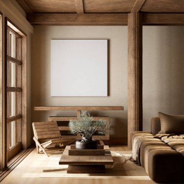 Ahşap mobilyalar ve hammaddeler ile Japon tarzı iç dizayn. Japandi tarzında bir poster çerçevesi. 3B illüstrasyon