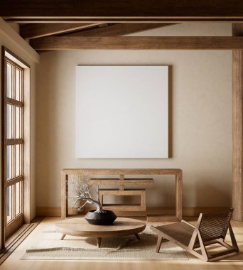 Ahşap mobilyalar ve hammaddeler ile Japon tarzı iç dizayn. Japandi tarzında bir poster çerçevesi. 3B illüstrasyon