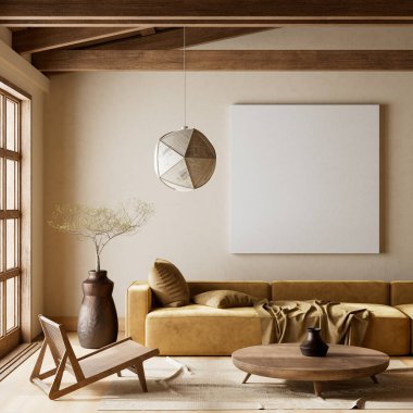 Ahşap mobilyalar ve hammaddeler ile Japon tarzı iç dizayn. Japandi tarzında bir poster çerçevesi. 3B illüstrasyon