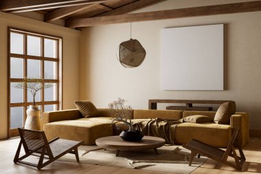 Ahşap mobilyalar ve hammaddeler ile Japon tarzı iç dizayn. Japandi tarzında bir poster çerçevesi. 3B illüstrasyon