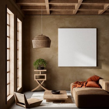Ahşap mobilyalar ve hammaddeler ile Japon tarzı iç dizayn. Japandi tarzında bir poster çerçevesi. 3B illüstrasyon