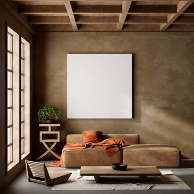 Ahşap mobilyalar ve hammaddeler ile Japon tarzı iç dizayn. Japandi tarzında bir poster çerçevesi. 3B illüstrasyon