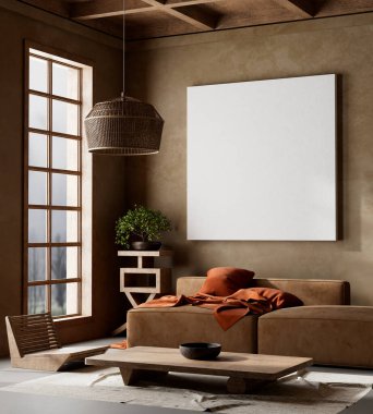 Ahşap mobilyalar ve hammaddeler ile Japon tarzı iç dizayn. Japandi tarzında bir poster çerçevesi. 3B illüstrasyon
