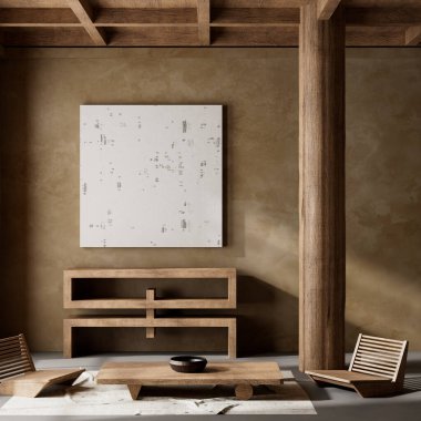 Ahşap mobilyalar ve hammaddeler ile Japon tarzı iç dizayn. Japandi tarzında bir poster çerçevesi. 3B illüstrasyon