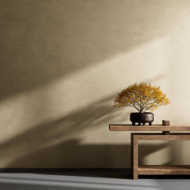 Ahşap mobilyalar ve hammaddeler ile Japon tarzı iç dizayn. Japandi tarzı iç mekan. 3B illüstrasyon