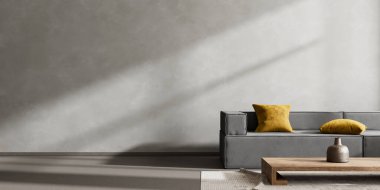 Ahşap mobilyalar ve hammaddeler ile Japon tarzı iç dizayn. Japandi tarzı iç mekan. 3B illüstrasyon