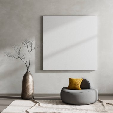 Ahşap mobilyalar ve hammaddeler ile Japon tarzı iç dizayn. Japandi tarzında bir poster çerçevesi. 3B illüstrasyon