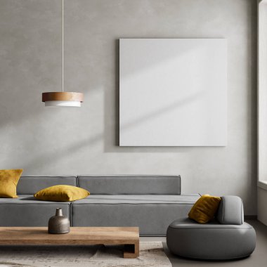 Ahşap mobilyalar ve hammaddeler ile Japon tarzı iç dizayn. Japandi tarzında bir poster çerçevesi. 3B illüstrasyon