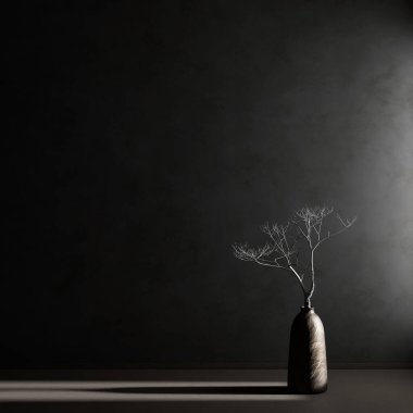 Ahşap mobilyalar ve hammaddeler ile Japon tarzı iç dizayn. Japandi tarzı iç mekan. 3B illüstrasyon