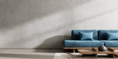 Ahşap mobilyalar ve hammaddeler ile Japon tarzı iç dizayn. Japandi tarzı iç mekan. 3B illüstrasyon