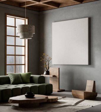 Ahşap mobilyalar ve hammaddeler ile Japon tarzı iç dizayn. Japandi tarzında bir poster çerçevesi. 3B illüstrasyon