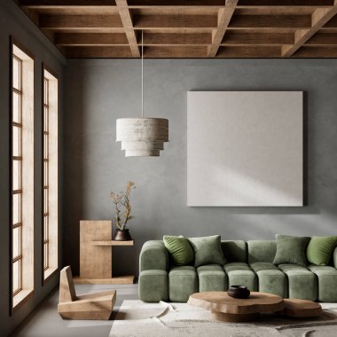 Ahşap mobilyalar ve hammaddeler ile Japon tarzı iç dizayn. Japandi tarzında bir poster çerçevesi. 3B illüstrasyon