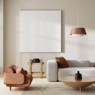 Ahşap mobilyalar ve hammaddeler ile Japon tarzı iç dizayn. Japandi tarzında bir poster çerçevesi. 3B illüstrasyon