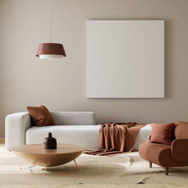 Ahşap mobilyalar ve hammaddeler ile Japon tarzı iç dizayn. Japandi tarzında bir poster çerçevesi. 3B illüstrasyon