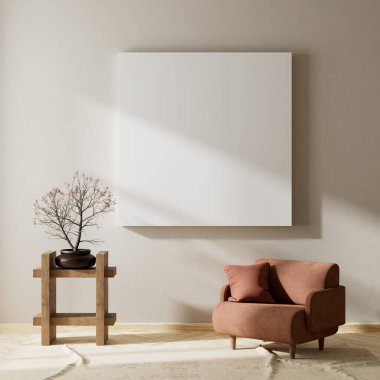 Ahşap mobilyalar ve hammaddeler ile Japon tarzı iç dizayn. Japandi tarzında bir poster çerçevesi. 3B illüstrasyon