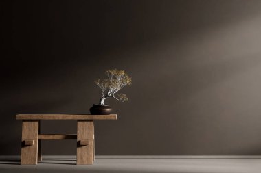 Ahşap mobilyalar ve hammaddeler ile Japon tarzı iç dizayn. Japandi tarzı iç mekan. 3B illüstrasyon