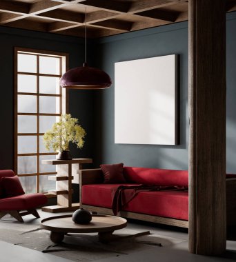 Ahşap mobilyalar ve hammaddeler ile Japon tarzı iç dizayn. Japandi tarzında bir poster çerçevesi. 3B illüstrasyon