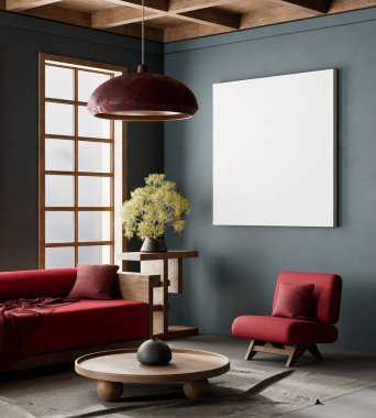 Ahşap mobilyalar ve hammaddeler ile Japon tarzı iç dizayn. Japandi tarzında bir poster çerçevesi. 3B illüstrasyon