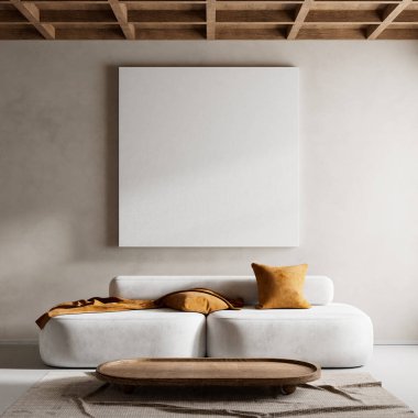 Ahşap mobilyalar ve hammaddeler ile Japon tarzı iç dizayn. Japandi tarzında bir poster çerçevesi. 3B illüstrasyon