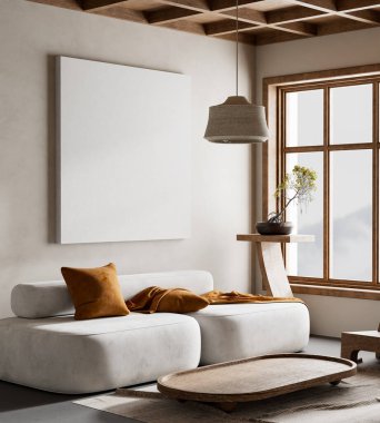 Ahşap mobilyalar ve hammaddeler ile Japon tarzı iç dizayn. Japandi tarzında bir poster çerçevesi. 3B illüstrasyon