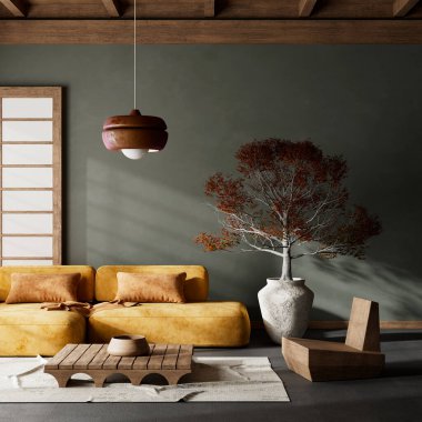 Ahşap mobilyalar ve hammaddeler ile Japon tarzı iç dizayn. Japandi tarzı iç mekan. 3B illüstrasyon