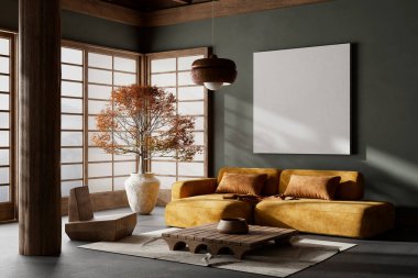 Ahşap mobilyalar ve hammaddeler ile Japon tarzı iç dizayn. Japandi tarzında bir poster çerçevesi. 3B illüstrasyon