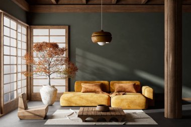 Ahşap mobilyalar ve hammaddeler ile Japon tarzı iç dizayn. Japandi tarzı iç mekan. 3B illüstrasyon